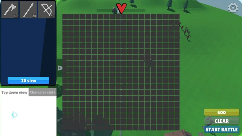 Formation planning grid overlaid on the battlefield with unit cost buttons and a troop budget