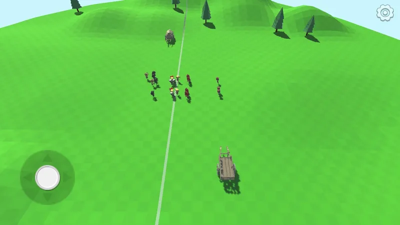 Third-person view of low-poly troops on green hills with a virtual joystick