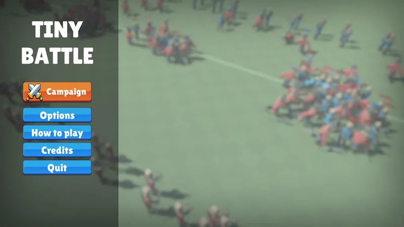 Main menu with campaign, options and how-to-play buttons over armies clashing