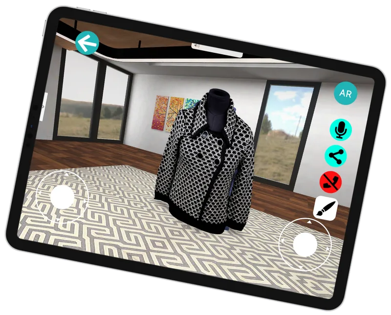 Tablet showing a patterned jacket placed in a room in AR, with AR, voice, share and annotation controls
