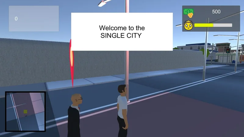 Third-person street scene with a Welcome to the Single City banner, minimap and cash counter