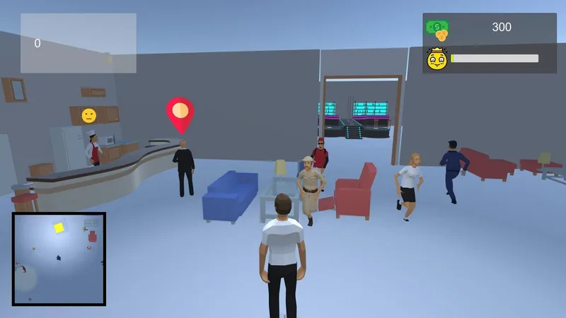 Club interior with NPCs seated on sofas and a bar counter