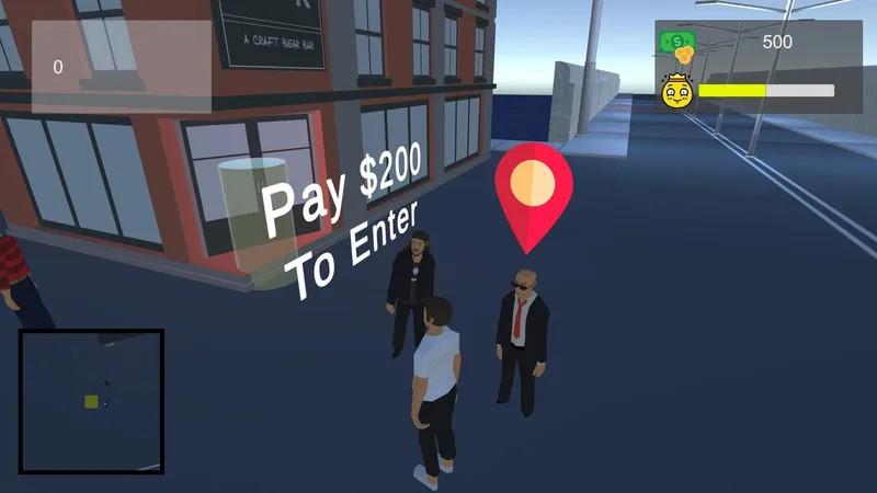 Two bouncers outside a bar with a Pay $200 To Enter prompt