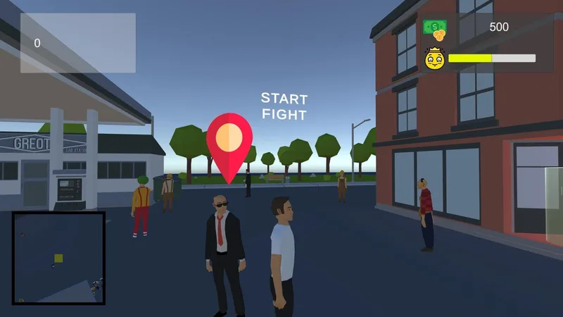 Street scene at dusk with a Start Fight prompt above a waypoint marker
