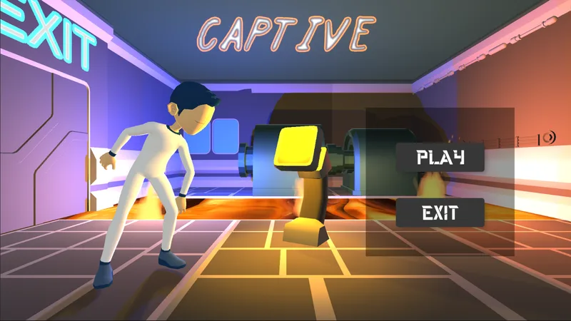 Captive title screen with a character crouching beside a glowing generator and Play and Exit buttons
