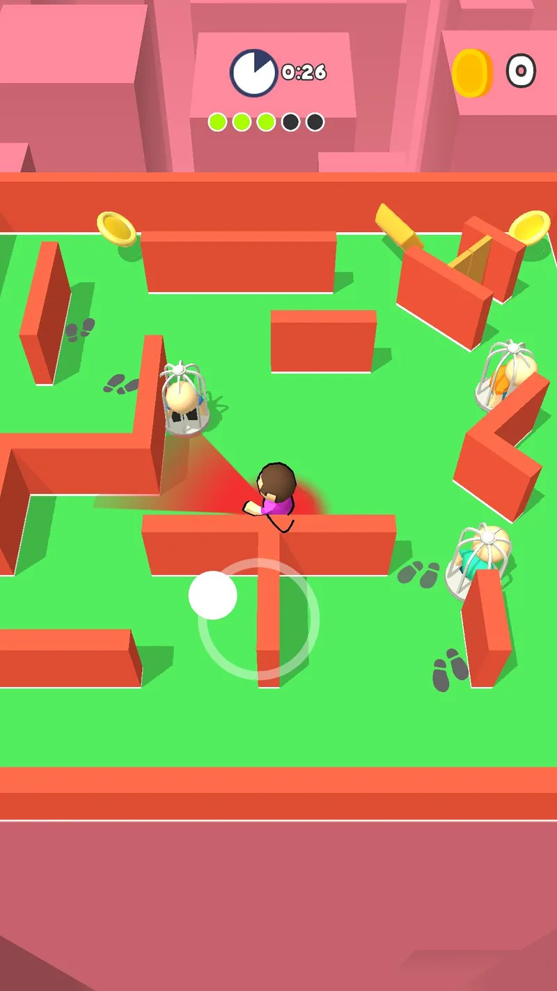 Top-down maze level with a player character, scattered footprints, coins, and a countdown timer