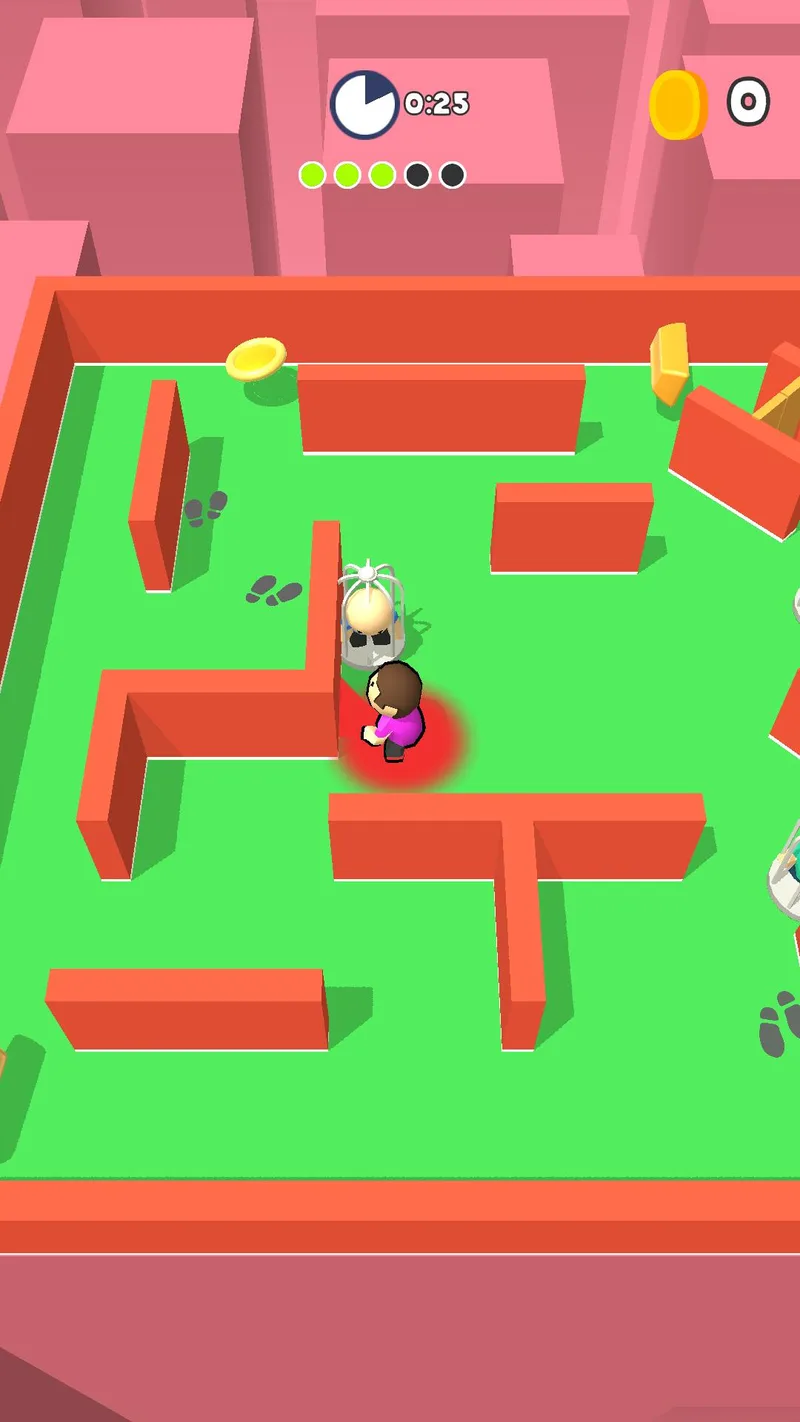Top-down maze with the player beside a hider, footprint trails leading away