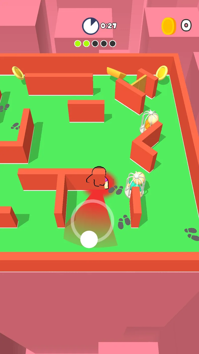 Top-down maze with a cone of light sweeping the play area and remaining-hider markers