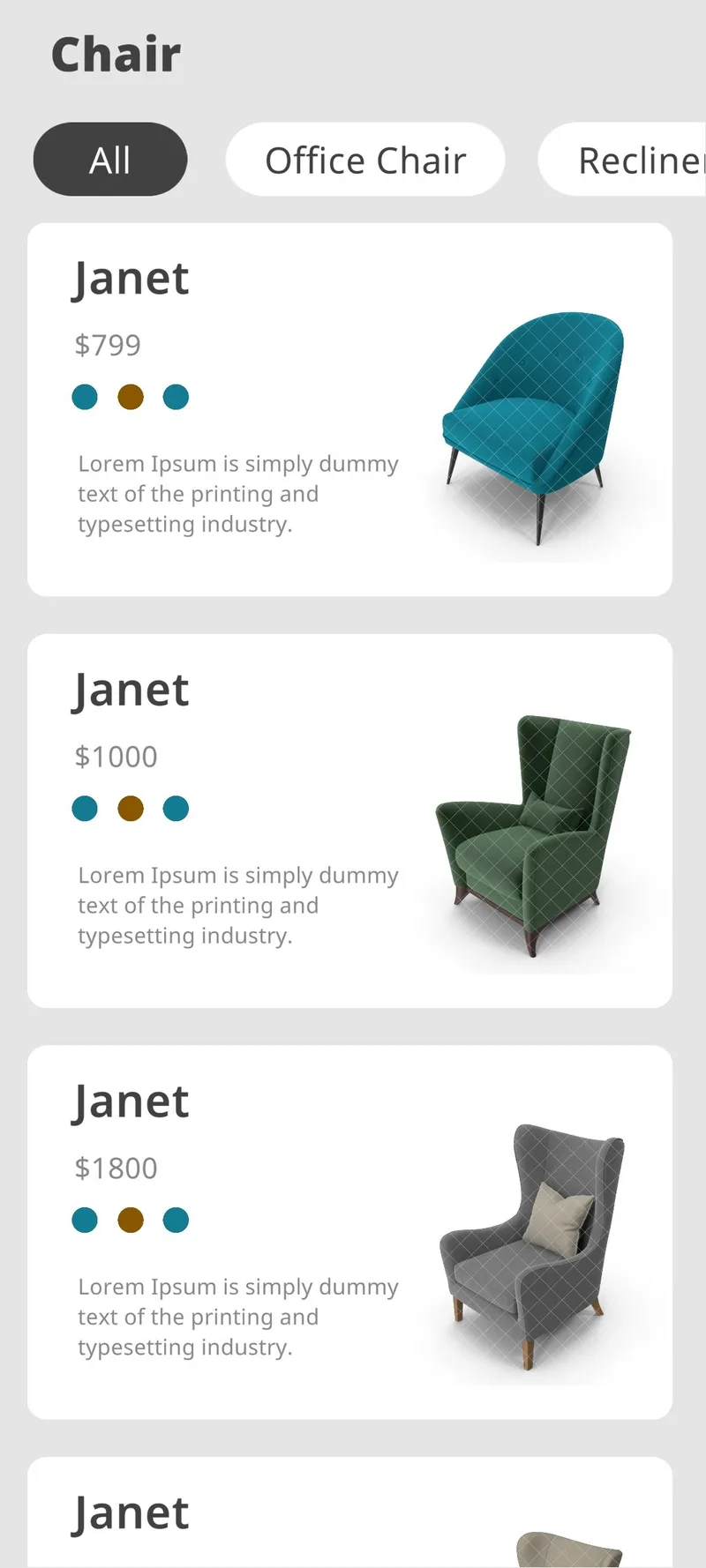 Mobile product catalogue listing chairs with category filters and prices