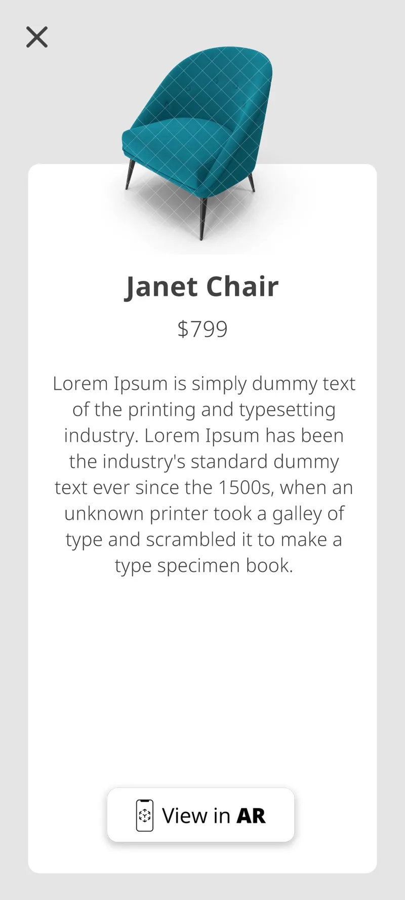 Product detail screen for a chair with a View in AR button
