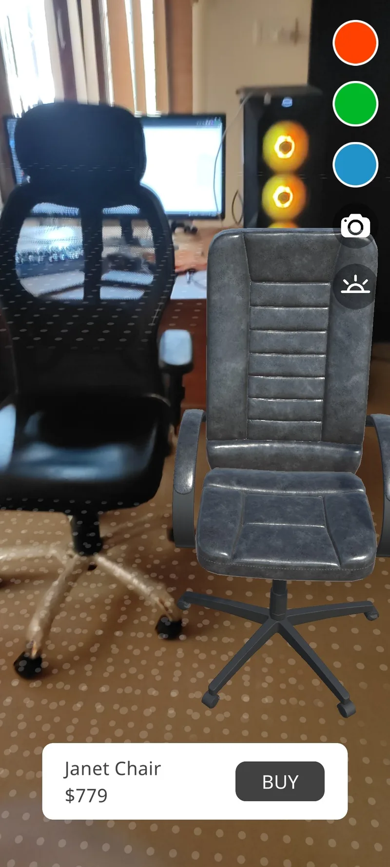 AR camera view placing a virtual office chair on a real floor beside a physical chair, with colour swatches and a Buy button