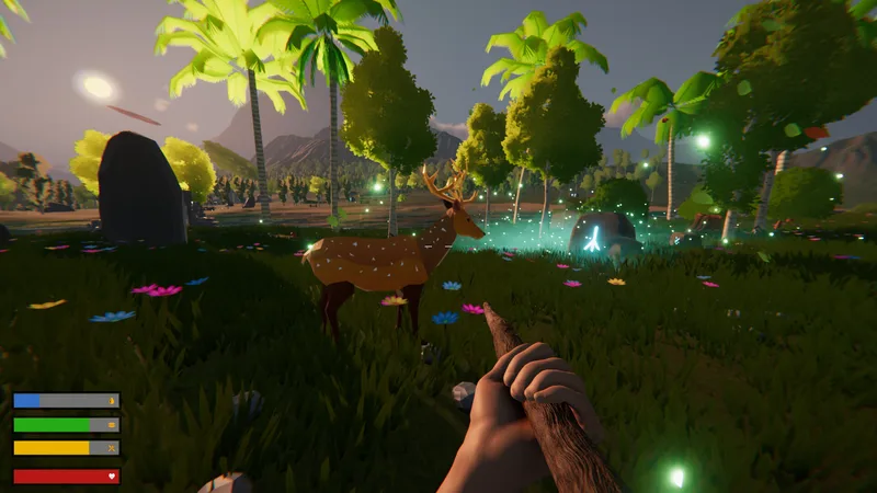 First-person view holding a spear, a deer grazing in a sunlit jungle clearing with palms and flowers