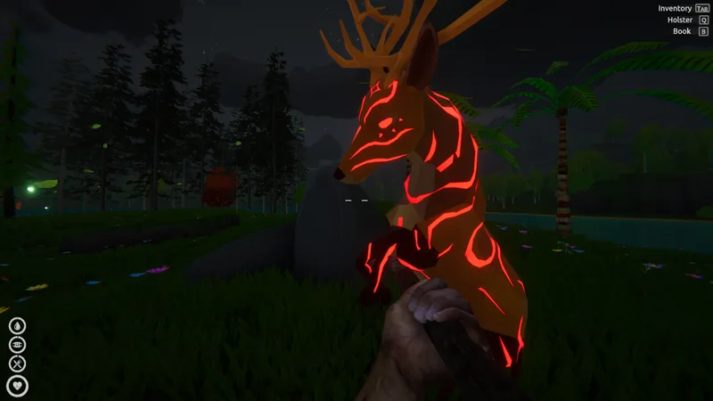 The same deer at night, its body covered in glowing red markings, under a dark storm sky