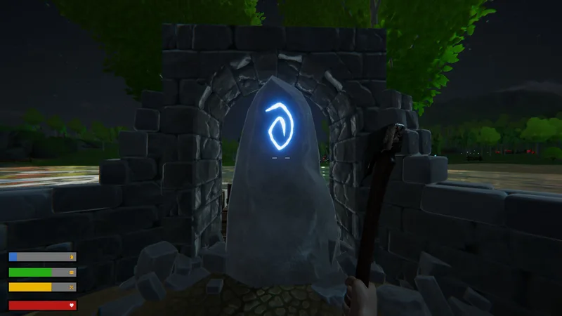 A stone archway at night framing a standing stone carved with a glowing blue rune
