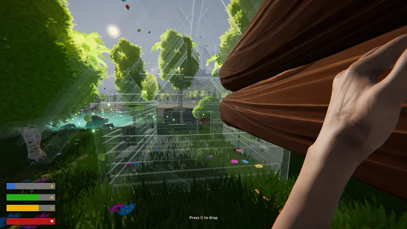 Daytime building mode with a translucent wireframe structure preview placed on grass