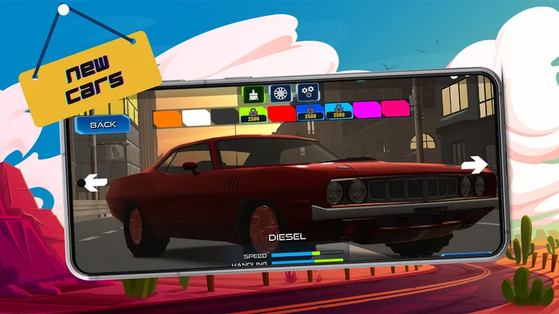 Car selection screen showing a red muscle car with speed and handling bars, paint swatches, and upgrade tabs