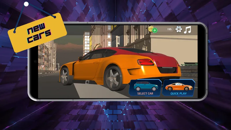 Main menu with an orange sports car parked on a city street and Select Car and Quick Play buttons