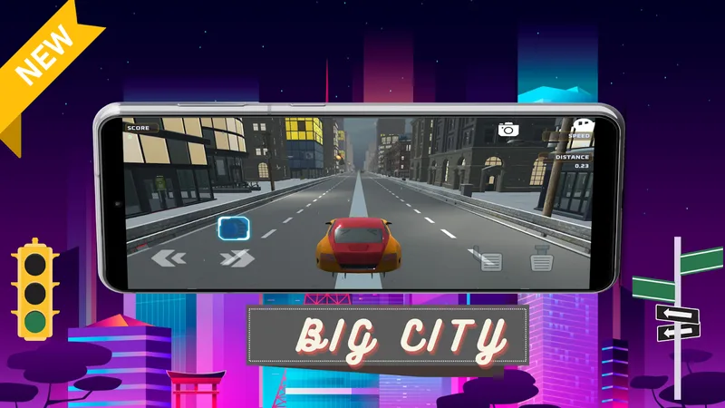 Daytime gameplay: a car on a multi-lane city highway with score, speed, and distance readouts