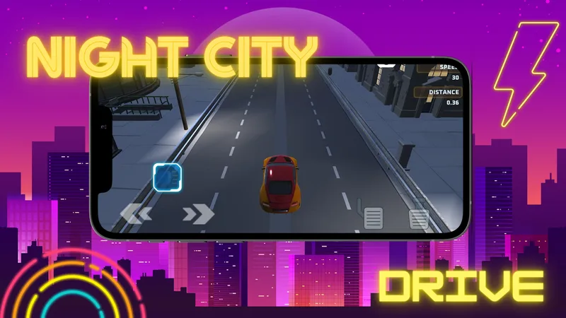 Night-time gameplay: a car on a neon-lit highway with speed and distance readouts
