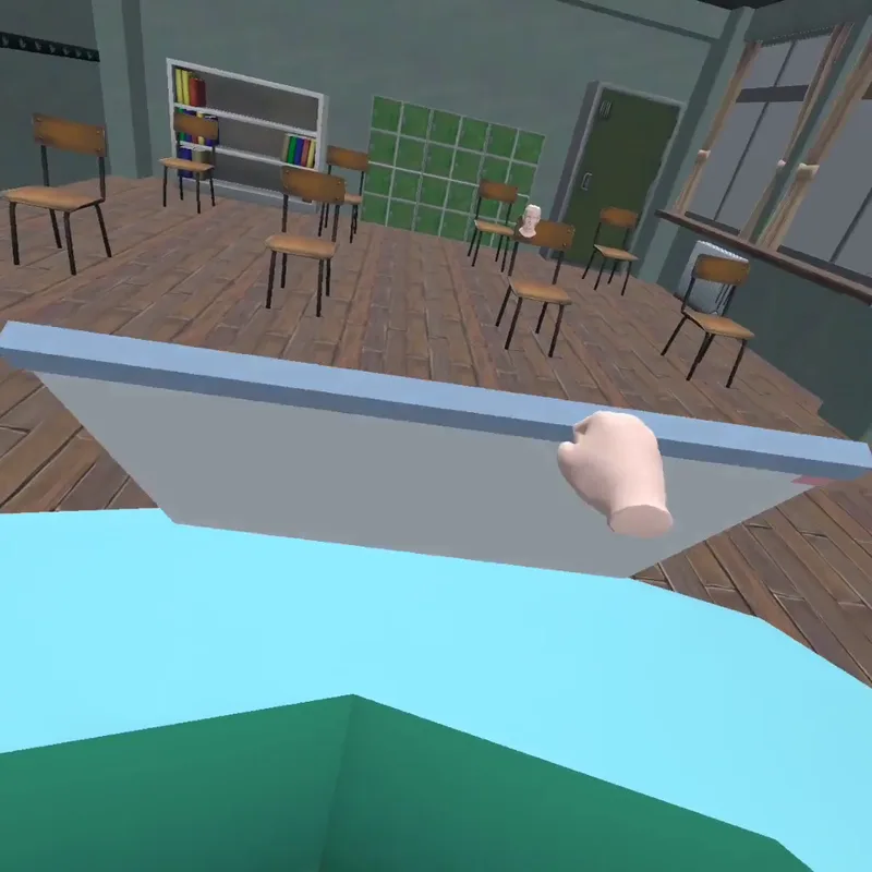 VR headset view of a classroom with desks and chairs, a tracked hand holding a board