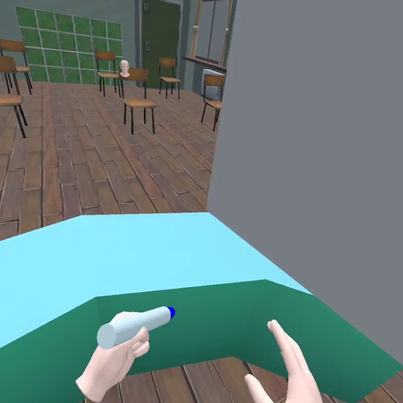 Tracked hands holding a marker in front of a whiteboard in the classroom