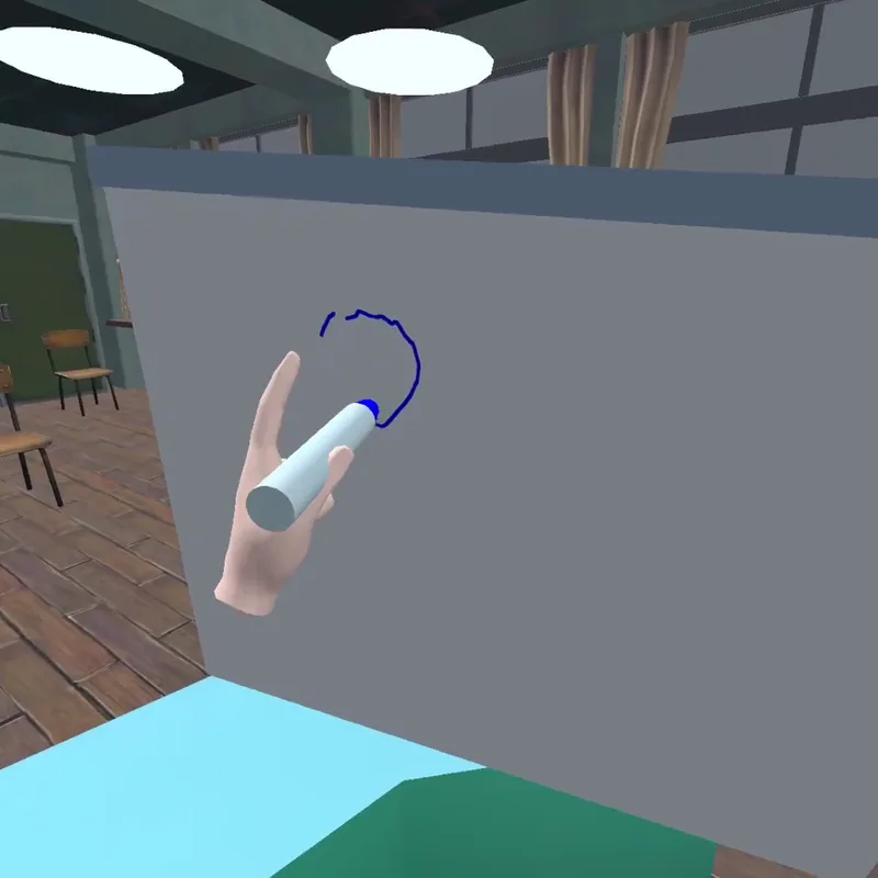 A hand drawing a blue shape on a virtual whiteboard