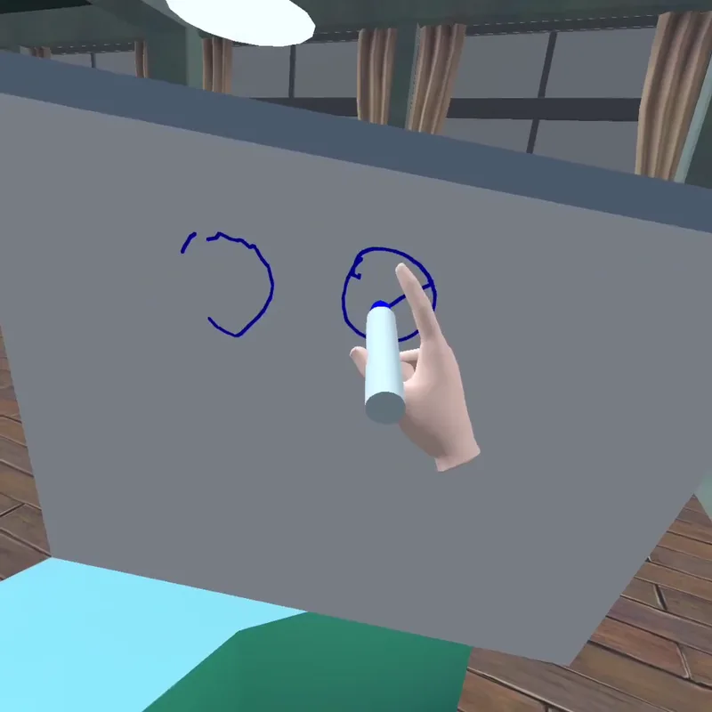 A virtual whiteboard with two blue shapes drawn on it